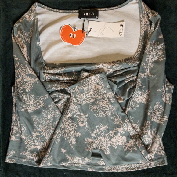 Cider Toile Print Ruched Square Neck Top | XL | Long Sleeve Feminine Cottagecore - Picture 2 of 8